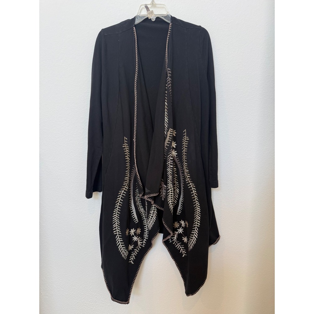 XCVI Black Embroidered Draped Open Front Cotton Cardigan Jacket 12836 Large